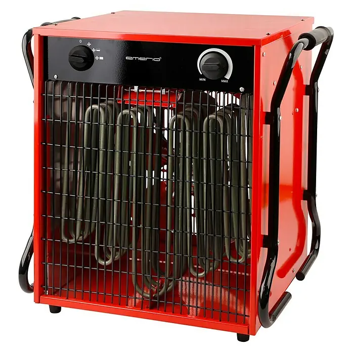 Voltomat HEATING Bauheizer mit CEE-Stecker - 15.000 W, Nennspannung: 400 V, Rot/Schwarz, IP24 - Ein roter Emerio Industrieheizer mit schwarzem Bedienfeld und Schutzgitter. Er ist mit Tragegriffen ausgestattet und bietet verschiedene Heizstufen.