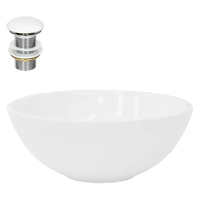 LuxeBath Aufsatzwaschbecken Aufsatzwaschtisch Spülbecken inkl. Ablaufgarnitur ohne Überlauf Becken - Ohne Spezialglasur, Weiß - Waschbecken und Abflussgarnitur für Badezimmer. Elegantes Design, ideal für moderne Badezimmer.