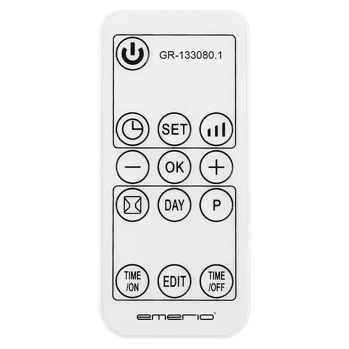 Emerio Konvektorheizung Glas - 2.000 W, Raumheizvermögen: 25 m², Weiß - Nahaufnahme einer Emerio-Fernbedienung mit verschiedenen Tasten wie Ein/Aus, Set, Ok, Tag, Bearbeiten und Zeiteinstellung für eine einfache Steuerung.