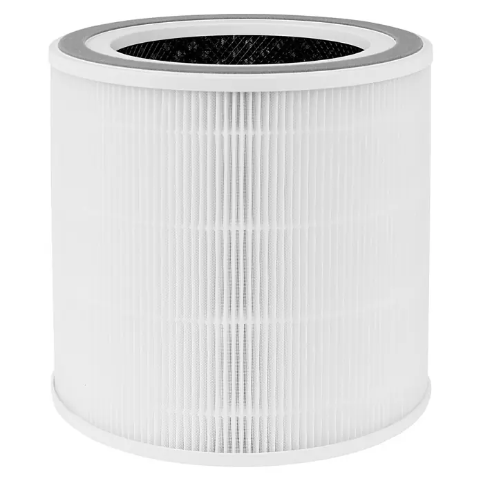 Emerio Luftreiniger - Raumgröße: 45 m², 31 x 32 x 51 cm - Ein zylindrischer Luftfilter mit weißem Filterpapier und grauen Rändern. Ideal für saubere Luft im Haus.