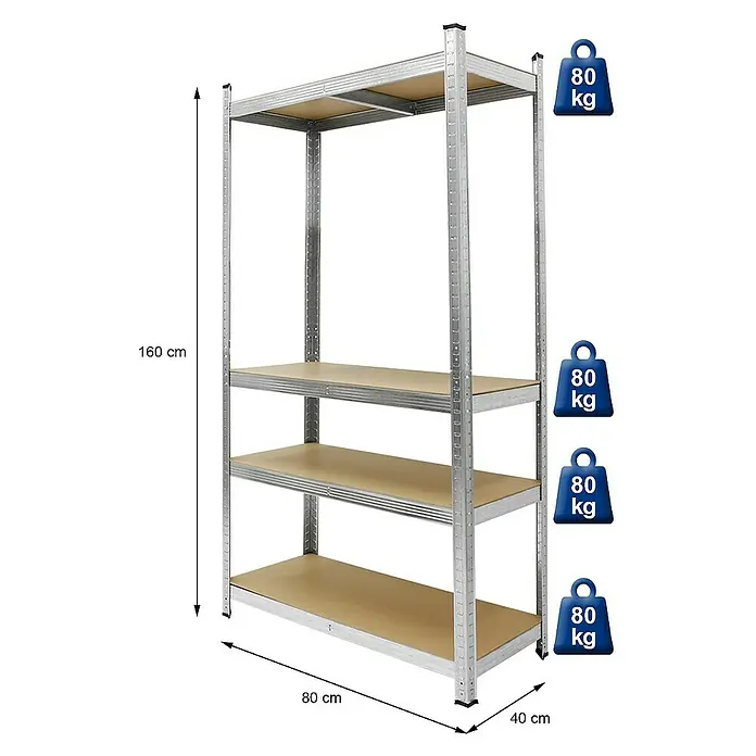 ECD Germany Schwerlastregal Regalsystem bis 875kg Werkstattregal Metall / MDF Silber - H x B x T: 160 x 80 x 40 cm, Traglast pro Boden: 80 kg, Anzahl Böden: 4 Stk., Stecken, Silber - Regal mit vier Böden, 160 cm hoch, 80 cm breit und 40 cm tief. Jedes Fach trägt 80 kg.