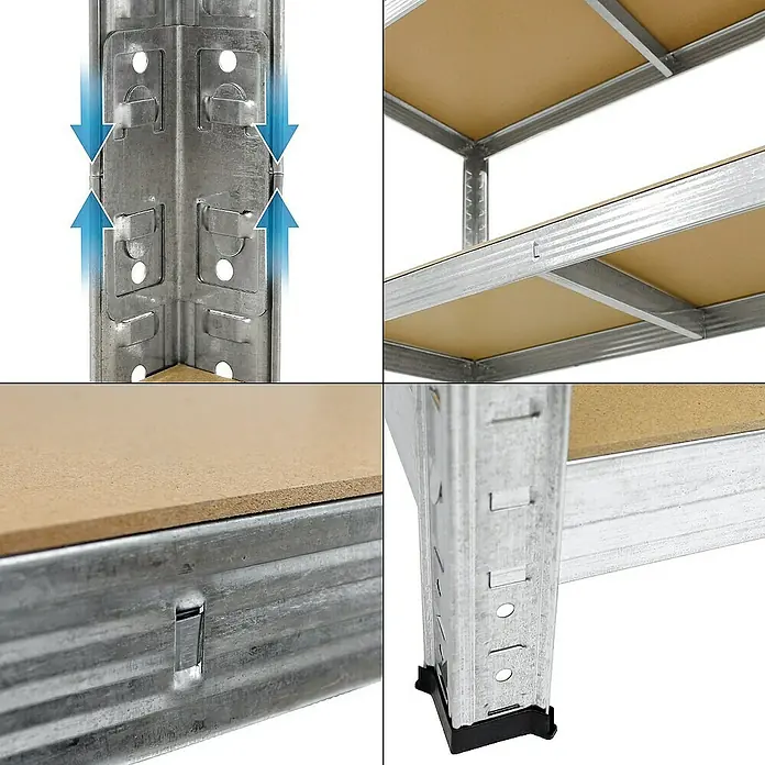 ECD Germany Schwerlastregal Regalsystem bis 875kg Werkstattregal Metall / MDF Silber - H x B x T: 160 x 80 x 40 cm, Traglast pro Boden: 80 kg, Anzahl Böden: 4 Stk., Stecken, Blau - Nahaufnahme eines Metallregals mit Holzplatten, das seine robuste Bauweise und einfachen Montagemechanismen hervorhebt.