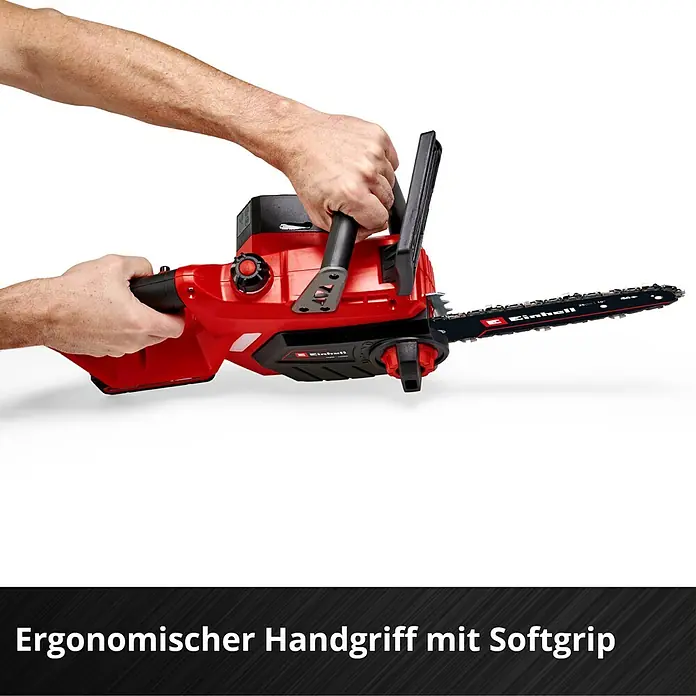 Einhell Power X-Change 18V Akku-Kettensäge GE-LC 18/25 Li-Solo - 18 V, Ohne Akku, Schwertlänge: 25 cm - Abbildung einer roten Einhell Akku-Kettensäge, die von einer Person gehalten wird. Ergonomischer Handgriff mit Softgrip.