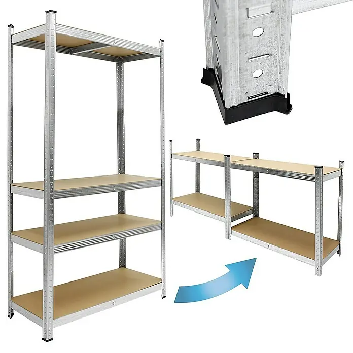 ECD Germany Schwerlastregal Regalsystem bis 875kg Werkstattregal Metall / MDF Silber - H x B x T: 160 x 80 x 40 cm, Traglast pro Boden: 80 kg, Anzahl Böden: 4 Stk., Stecken, Blau - Produktansicht eines Metallregals mit vier Ablagen, das auch in zwei separate Regale aufgeteilt werden kann.