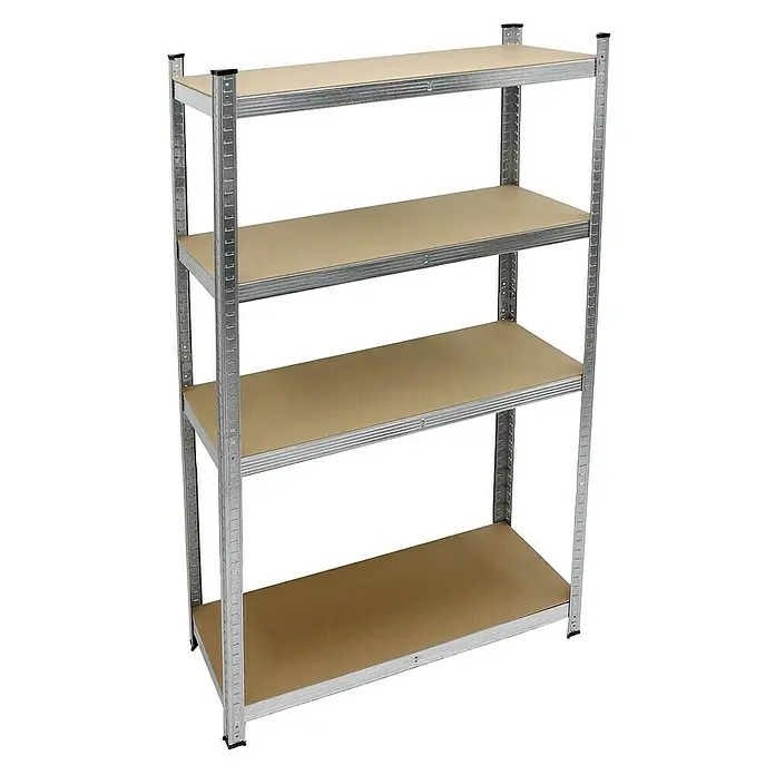 ECD Germany Schwerlastregal Regalsystem bis 875kg Werkstattregal Metall / MDF Silber - H x B x T: 160 x 80 x 40 cm, Traglast pro Boden: 80 kg, Anzahl Böden: 4 Stk., Stecken, Silber - Das Bild zeigt ein freistehendes Regal mit vier Ablagen und einem stabilen Metallrahmen, ideal für Lagerung.