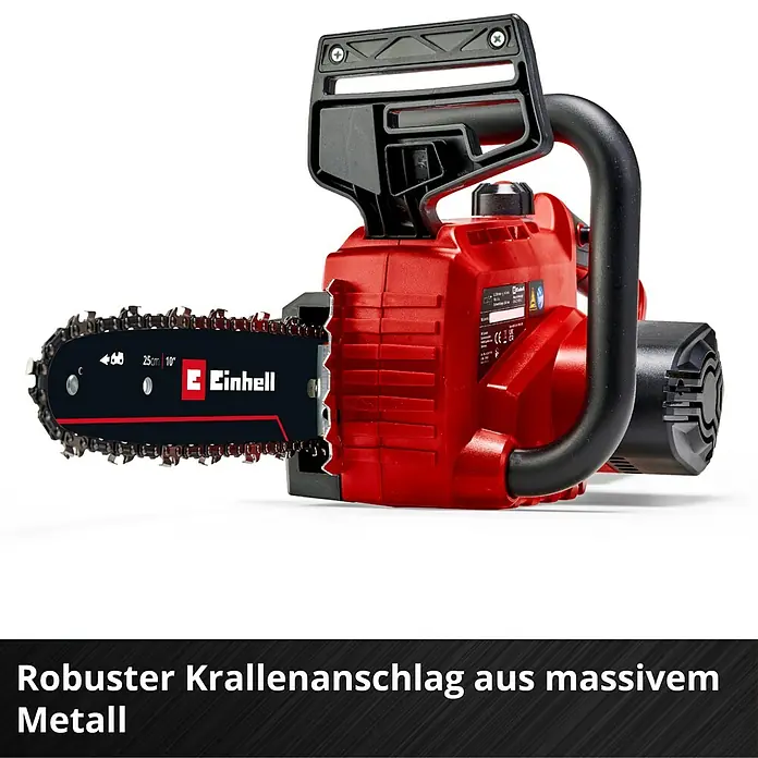 Einhell Power X-Change 18V Akku-Kettensäge GE-LC 18/25 Li-Solo - 18 V, Ohne Akku, Schwertlänge: 25 cm - Die Einhell Akku-Kettensäge mit robustem Krallenanschlag aus massivem Metall für präzise Schnitte.