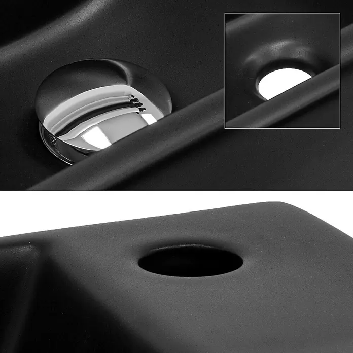 LuxeBath Aufsatzwaschbecken Handwaschbecken 35,5x20,5x12,5 cm Schwarz ohne Ablaufgarnitur - Ohne Spezialglasur, Schwarz - Nahaufnahme eines Waschbeckens mit Abfluss und Überlauf, zeigt das Design und die Details der Sanitärkeramik.