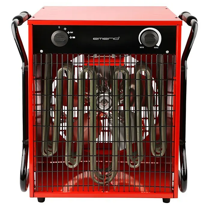 Voltomat HEATING Bauheizer mit CEE-Stecker - 15.000 W, Nennspannung: 400 V, Rot/Schwarz, IP24 - Roter Emerio Heizlüfter mit Schutzgitter und Bedienelementen für Temperatur- und Leistungsstufeneinstellung, ideal für schnelle Wärmeverteilung.