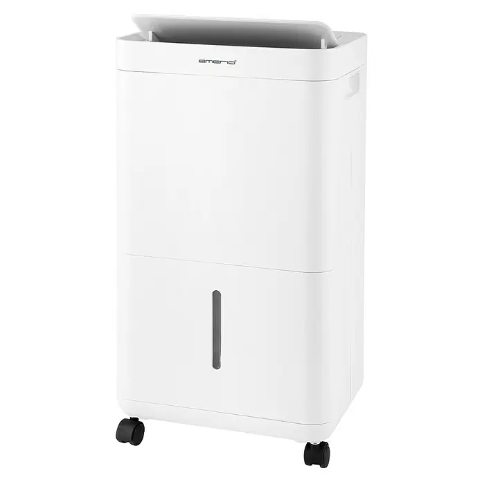 Emerio Luftentfeuchter DH-133051 - 320 W, Entfeuchtungsleistung: 12 l/Tag, Weiß - Ein weißer Luftentfeuchter der Marke Emerio mit abgerundeten Kanten und einem transparenten Füllstandsanzeiger für den Wasserstand.