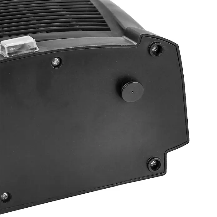 Emerio Heizlüfter Swing - 1.000 W - 2.000 W, Raumgröße bis ca. 25 m², Schwarz/Grau - Nahaufnahme einer schwarzen, rechteckigen Kunststoffbasis mit Schrauben und einem runden Gummifuß, die zur Stabilität dient.