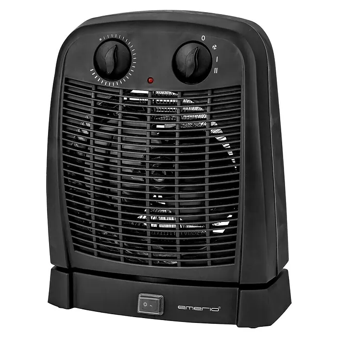 Emerio Heizlüfter Swing - 1.000 W - 2.000 W, Raumgröße bis ca. 25 m², Schwarz/Grau - Schwarzer Emerio-Heizlüfter mit Drehreglern zur Temperatur- und Leistungsstufeneinstellung. Kompaktes Design für einfache Nutzung.