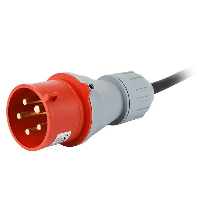 Voltomat HEATING Bauheizer mit CEE-Stecker - 15.000 W, Nennspannung: 400 V, Rot/Schwarz, IP24 - 5-poliger Industriestecker mit roter Buchse und grauem Gehäuse am Kabel. Für robuste Stromverbindungen in industriellen Umgebungen.