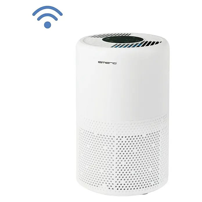 Emerio Luftreiniger - Raumgröße: 25 m², 25 x 25 x 39 cm - Bild eines Emerio Luftreinigers mit WLAN-Symbol. Der Luftreiniger ist weiß und hat ein modernes Design.