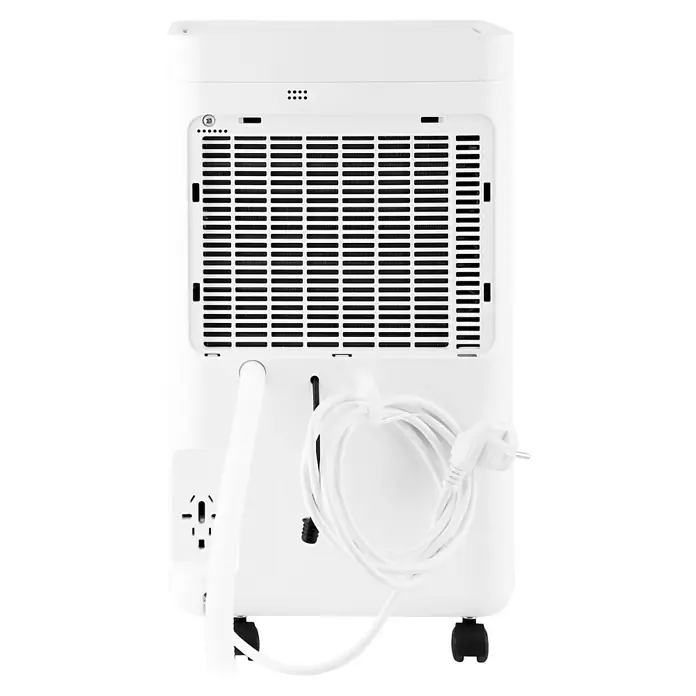 Emerio Luftentfeuchter DH-133051 - 320 W, Entfeuchtungsleistung: 12 l/Tag, Weiß - Rückansicht eines tragbaren, weissen Klimageräts mit Lüftungsgitter und Kabel.