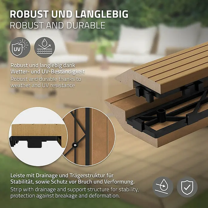 ML-Design Terrassenfliese - 7,5 cm x 30 cm x 20 mm, Teak - Bild einer robusten und langlebigen Terrassendiele mit Drainage und Trägerstruktur.