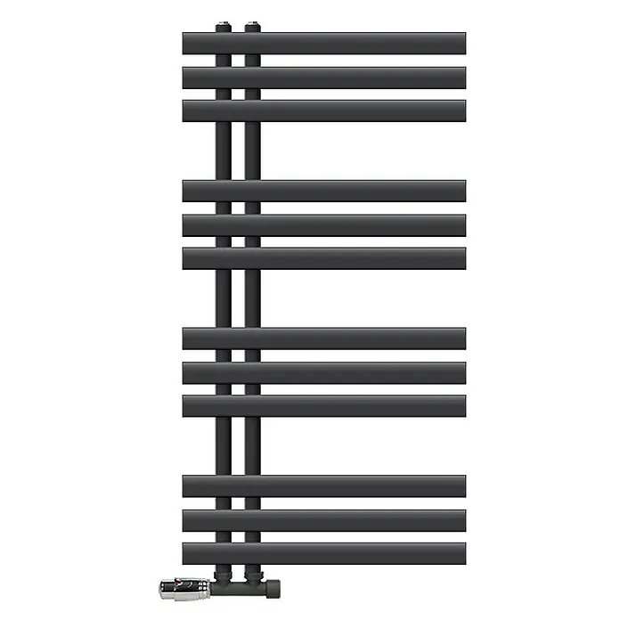 LuxeBath Badheizkörper Design Handtuchheizkörper Handtuchwärmer mit Eckform Thermostatventil - B x H: 50 x 100 cm, Anthrazit - Ein schwarzer Handtuchwärmer mit horizontalen Stangen und Thermostat für ein modernes Badezimmerdesign.\n
