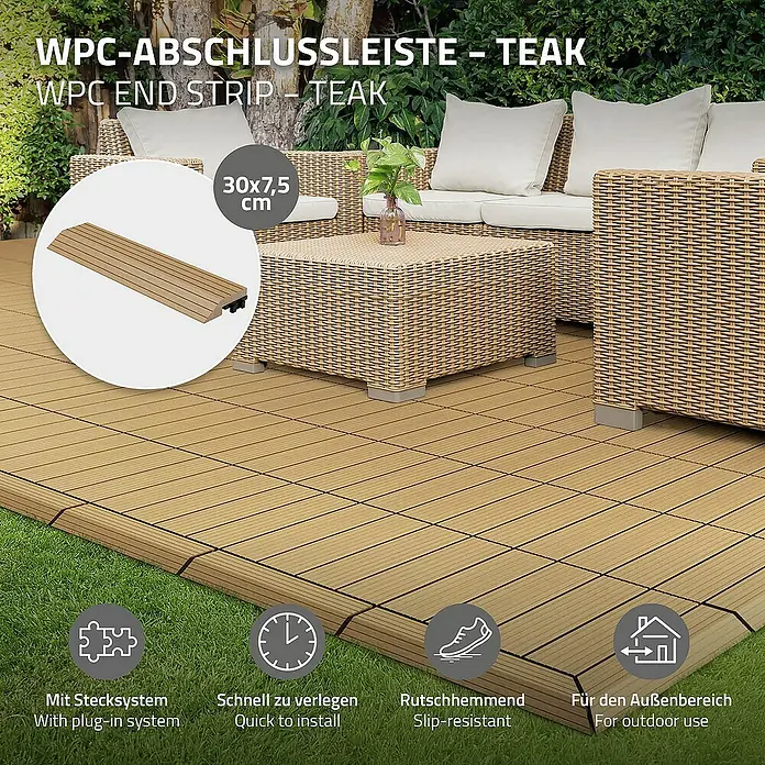 ML-Design Terrassenfliese - 7,5 cm x 30 cm x 20 mm, Teak - Produktbild einer WPC-Abschlussleiste in Teak-Optik, ideal für den Außenbereich. Das Stecksystem ermöglicht eine schnelle und einfache Verlegung.