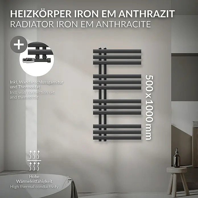 LuxeBath Badheizkörper Design Handtuchheizkörper Handtuchwärmer mit Eckform Thermostatventil - B x H: 50 x 100 cm, Anthrazit - Heizkörper Iron EM Anthrazit, 500 x 1000 mm, inklusive Wandanschlussgarnitur und Thermostat für hohe Wärmeleitfähigkeit im modernen Bad.