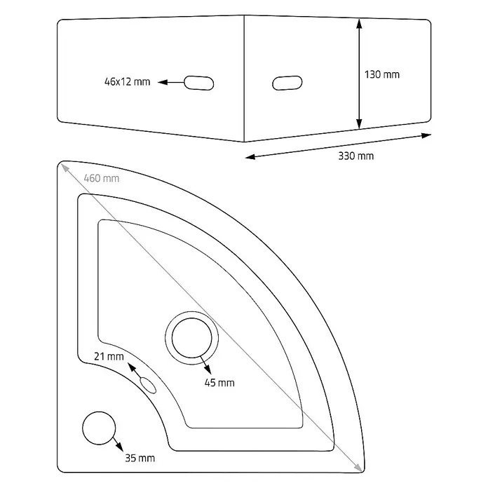LuxeBath Aufsatzwaschbecken Waschtisch aus Keramik für Badezimmer / Gäste-WC - 33 x 46 cm, Ohne Spezialglasur, Schwarz - Abbildung eines Waschbeckens mit detaillierten Abmessungen und Ansichten zur besseren Orientierung.