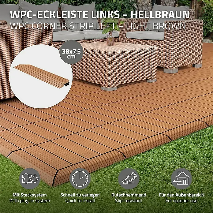 ML-Design Terrassenfliese - 7,5 cm x 38 cm x 20 mm, Hellbraun - Bild einer hellbraunen WPC-Eckleiste für den Außenbereich mit Stecksystem und rutschhemmenden Eigenschaften.