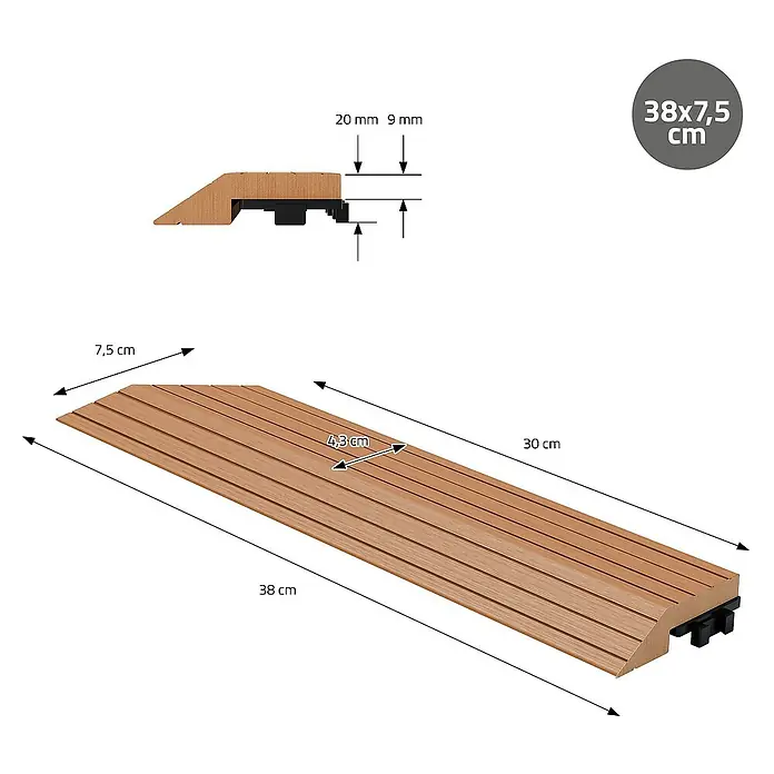 ML-Design Terrassenfliese - 7,5 cm x 38 cm x 20 mm, Hellbraun - Abmessungen einer 38x7,5 cm großen, braunen Übergangsleiste mit Holzstruktur und integriertem Stecksystem.