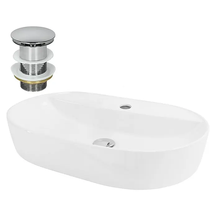 LuxeBath Aufsatzwaschbecken Handwaschbecken Weiß inkl. Ablaufgarnitur ohne Überlauf - Ohne Spezialglasur, Weiß, Silber - Ein schickes, ovales Aufsatzwaschbecken in Weiß mit einem glänzenden Chrom-Ablaufgarnitur, das Ihrem Bad einen Hauch von Eleganz verleiht.
