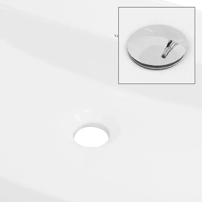 LuxeBath Aufsatzwaschbecken Handwaschbecken Weiß inkl. Ablaufgarnitur ohne Überlauf - Ohne Spezialglasur, Weiß, Silber - Weißes Waschbecken mit rundem Abfluss und einem verchromten Stopfen, der separat in einer Nahaufnahme gezeigt wird.