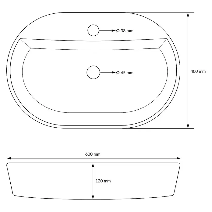 LuxeBath Aufsatzwaschbecken Handwaschbecken Weiß inkl. Ablaufgarnitur ohne Überlauf - Ohne Spezialglasur, Weiß, Silber - Abbildung eines Waschbeckens mit Maßen, inklusive Durchmesser von 38mm und 45mm, 400mm Höhe und 600mm Breite.