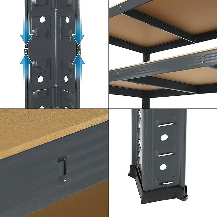 ECD Germany Schwerlastregal Regalsystem bis 875kg Werkstattregal Metall / MDF Anthrazit - H x B x T: 200 x 100 x 60 cm, Traglast pro Boden: 175 kg, Anzahl Böden: 5 Stk., Stecken, Anthrazit - Detailansichten eines robusten Lagerregals mit grauen Metallrahmen und Holzregalböden für schwere Lasten.