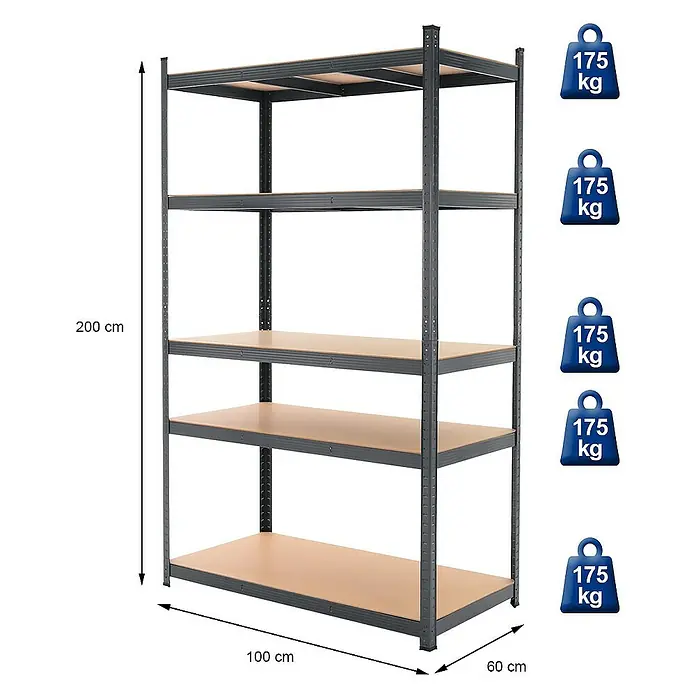 ECD Germany Schwerlastregal Regalsystem bis 875kg Werkstattregal Metall / MDF Anthrazit - H x B x T: 200 x 100 x 60 cm, Traglast pro Boden: 175 kg, Anzahl Böden: 5 Stk., Stecken, Anthrazit - Abbildung eines grauen Metallregals mit fünf Ablagen, das eine Höhe von 200 cm, eine Breite von 100 cm und eine Tiefe von 60 cm hat.