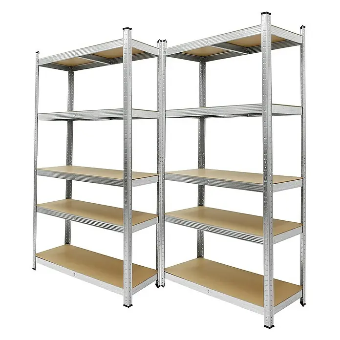 ECD Germany Schwerlastregal Regalsystem bis 875kg Werkstattregal Metall / MDF Silber - H x B x T: 180 x 90 x 40 cm, Traglast pro Boden: 150 kg, Anzahl Böden: 5 Stk., Stecken, Beige, Weiß - Das Bild zeigt zwei freistehende Schwerlastregale aus Metall mit Regalböden aus Holzwerkstoff, ideal für Lagerung.