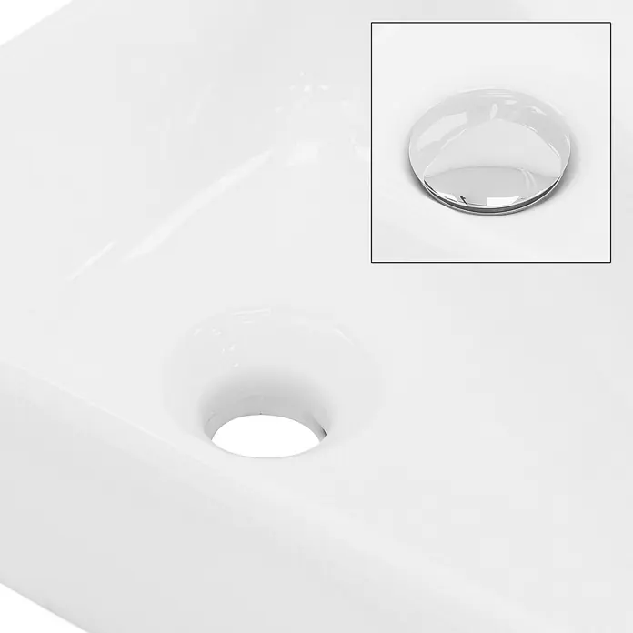 LuxeBath Aufsatzwaschbecken Aufsatzwaschtisch Handwaschbecken Weiß mit Ablaufgarnitur und Überlauf - Ohne Spezialglasur, Weiß, Silber - Nahaufnahme eines Waschbeckens mit Abfluss und geschlossenem Stopfen, das die Sanitärinstallation und das minimalistische Design hervorhebt.