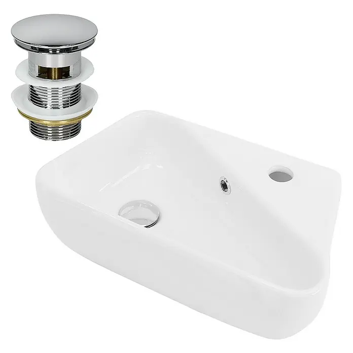 LuxeBath Aufsatzwaschbecken Aufsatzwaschtisch Handwaschbecken Weiß mit Ablaufgarnitur und Überlauf - Ohne Spezialglasur, Weiß, Silber - Waschbecken mit einem Pop-Up-Ablaufventil, das sich ideal für moderne Badezimmer eignet. Es ist ein stilvolles und funktionales Element.