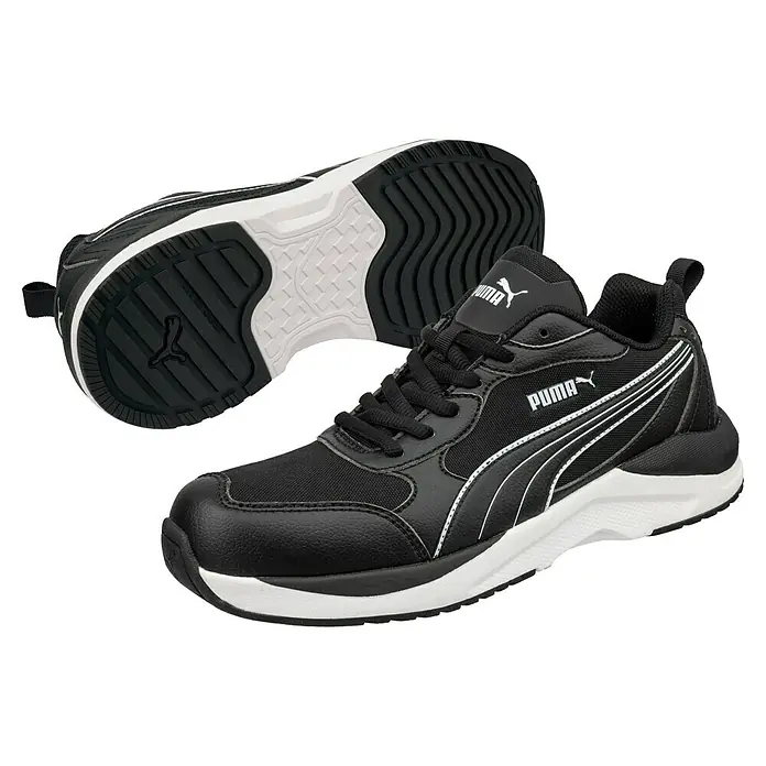 Puma Zapato bajo de seguridad Condor - 47, Clase de protección según EN ISO 20345: S3, Marrón/Negro - Un par de zapatos Puma negros, ideales para el deporte o el día a día, con suela blanca y logotipo lateral. Cómodos y elegantes.