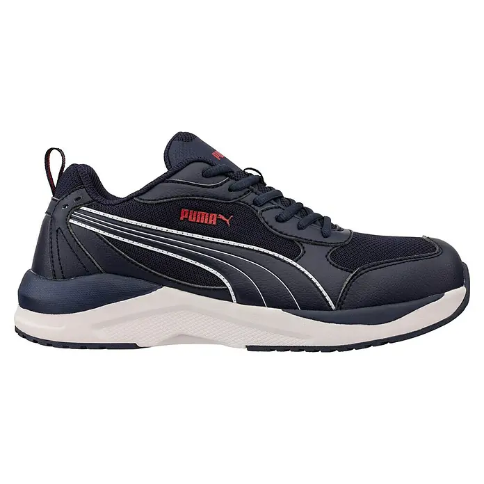 Puma Zapato bajo de seguridad Shift - 39, Clase de protección según EN ISO 20345: S3, Azul/Blanco - Zapatilla Puma azul marino con rayas blancas y detalles rojos para un look deportivo y elegante. Zapato cómodo y con estilo.