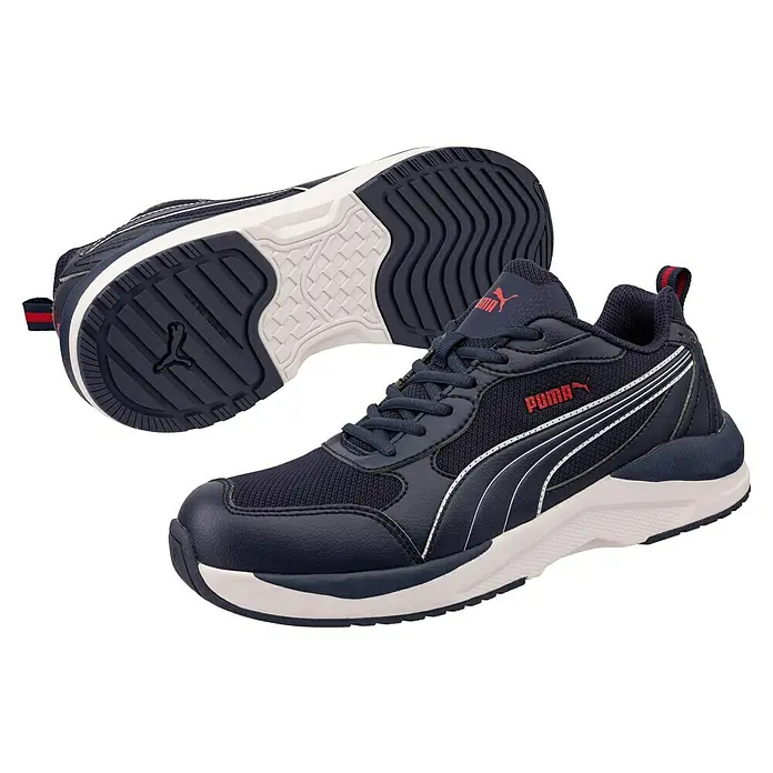 Puma Zapato bajo de seguridad Shift - 39, Clase de protección según EN ISO 20345: S3, Azul/Blanco - Aquí tienes zapatos Puma azul oscuro. Los zapatos deportivos tienen logotipos rojos y rayas blancas.