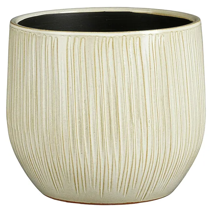 Mica Decorations Übertopf Pablo - Außenmaß (Ø x H): 24 x 22 cm, Steinzeug, Beige - Nahaufnahme eines zylindrischen Pflanzgefäßes aus Keramik mit vertikalen Rillen und einer cremefarbenen Glasur, ideal für Zimmerpflanzen.