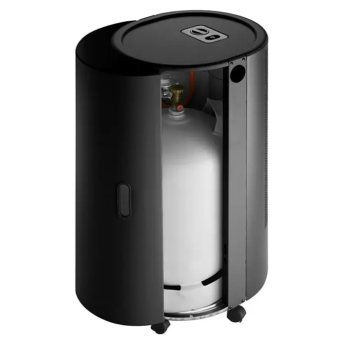 Gasheizer Blue Flame Premium+ - 4,2 kW, Mit Thermostat, Inox - Abgebildeter Heizstrahler mit schwarzem Gehäuse und sichtbarer Gasflasche. Das Gerät steht auf Rollen und hat oben Bedienelemente.
