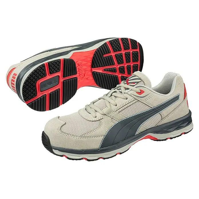 Puma Zapato bajo de seguridad Vanti - 41, Clase de protección según EN ISO 20345: S1P, Gris - Zapatos de seguridad Puma con parte superior gris, logotipo Puma negro y suela roja para comodidad y protección.