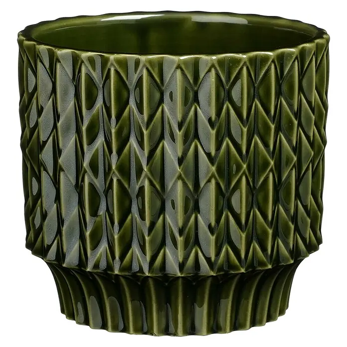 Mica Decorations Übertopf Lauria - Außenmaß (Ø x H): 14 x 13 cm, Keramik, Grün - Dekorative grüne Pflanzgefäß aus Keramik mit geometrischem Muster.