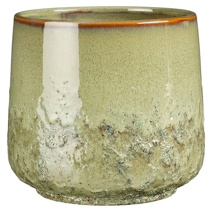 Mica Decorations Übertopf Mylo - Außenmaß (Ø x H): 20,5 x 19 cm, Keramik, Grün - Nahaufnahme eines runden, beige-braunen Keramikübertopfes mit strukturierter Oberfläche und Farbverlauf.