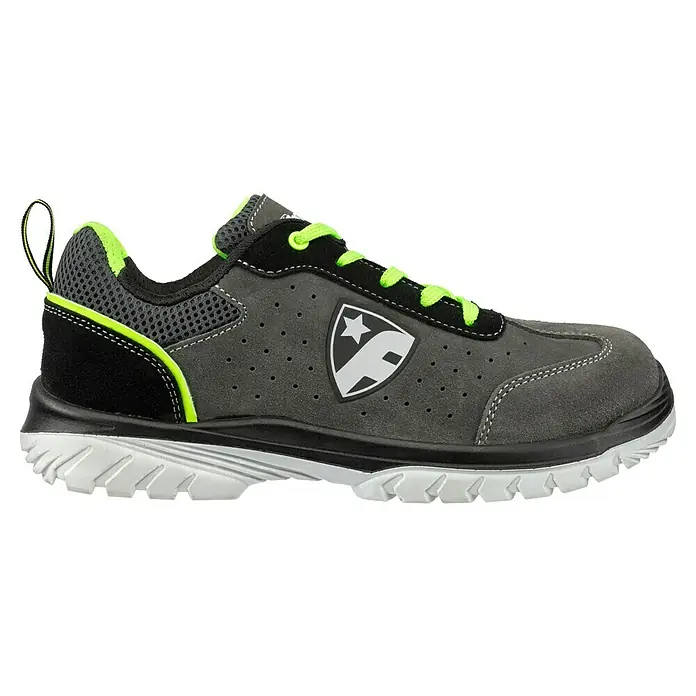 Zapato bajo de seguridad FootGuard Smart - 41, Clase de protección según EN ISO 20345: S1P, Gris/Verde - Zapato de trabajo gris con cordones verdes y un logotipo en el lateral, ideal para un trabajo seguro y cómodo.