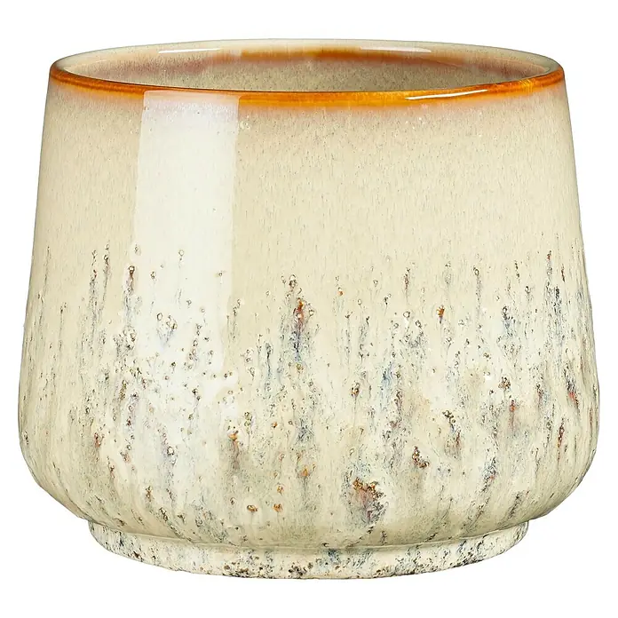 Mica Decorations Übertopf Mylo - Außenmaß (Ø x H): 19 x 16 cm, Keramik, Beige - Nahaufnahme eines Keramikübertopfs mit einer einzigartigen gesprenkelten Glasur und einem warmen, erdigen Farbton, der einen Hauch von rustikalem Charme versprüht.