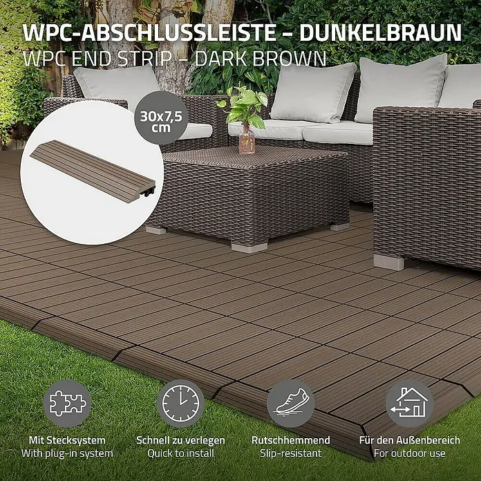 ML-Design Terrassenfliese - 7,5 cm x 30 cm x 20 mm, Dunkelbraun - Das Bild zeigt eine dunkelbraune WPC-Abschlussleiste für den Außenbereich, die einfach zu verlegen und rutschfest ist.