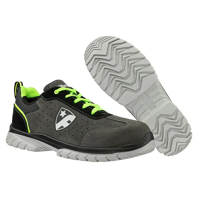 Zapato bajo de seguridad FootGuard Smart - 41, Clase de protección según EN ISO 20345: S1P, Gris/Verde - Zapato de seguridad gris con detalles verdes y suela antideslizante para protección y comodidad en el trabajo.