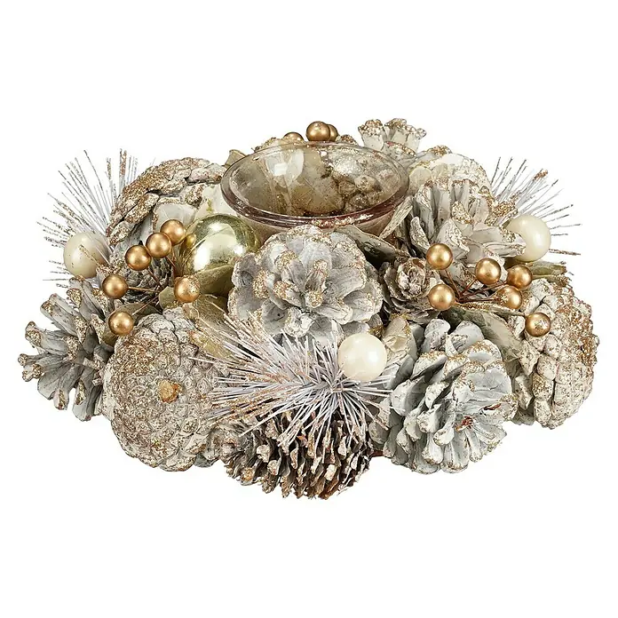 Dekokranz Hanley - Durchmesser: 19 cm, Kunststoff, Weiß - Dekoratives Tischgesteck mit Zapfen, Kugeln und einer Glasschale, ideal als festliche Dekoration für Weihnachten und die Winterzeit.