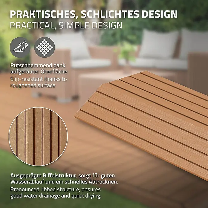 ML-Design Terrassenfliese - 7,5 cm x 30 cm x 20 mm, Hellbraun - Praktisches, schlichtes Design mit rutschhemmender Oberfläche und ausgeprägter Riffelstruktur für guten Wasserablauf und schnelles Abtrocknen.