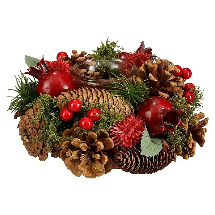 Dekokranz Landon - Durchmesser: 19 cm, Kunststoff, Rot/Braun - Festlicher Weihnachtsschmuck mit Tannenzapfen, roten Beeren und dekorativen Elementen, ideal für die Adventszeit.\n