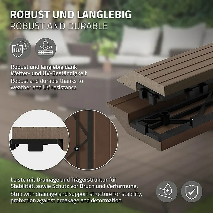 ML-Design Terrassenfliese - 7,5 cm x 30 cm x 20 mm, Dunkelbraun - Robust und langlebig: Terrassendiele mit Drainage und Trägerstruktur für Stabilität und Schutz vor Bruch und Verformung.