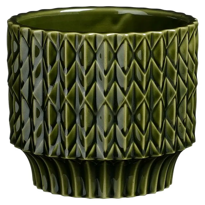Mica Decorations Übertopf Lauria - Außenmaß (Ø x H): 12,5 x 11 cm, Keramik, Grün - Ein grüner Übertopf mit einem geometrischen Muster und einer glänzenden Oberfläche.
